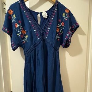 Blue Rain navy dress with floral stitching